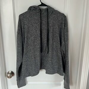 Gray and black athletic hoodie with cross back detail
